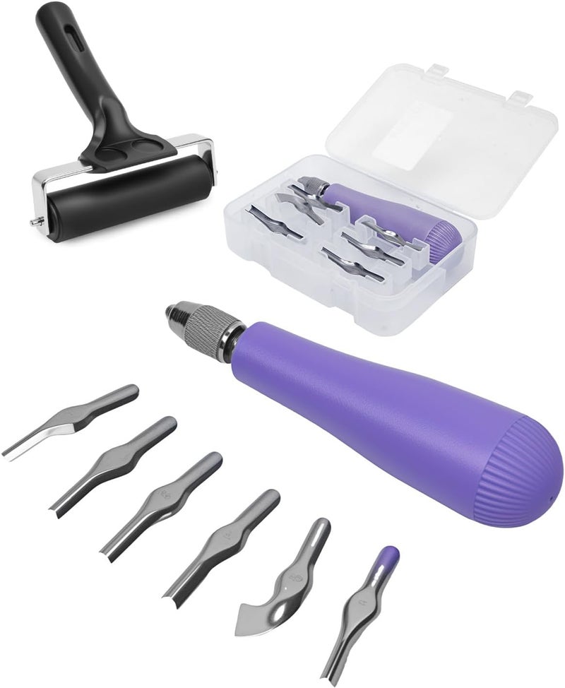 UCEC Linocut Carving Tools Linoleum Cutter Assortment for Block Printing Lino Cutting Tools for DIY Rubber Stamp Carving Kit & Beginners 6 Blades Universal Size Purple With A Brayer Roller(4 Inch) - Image 1